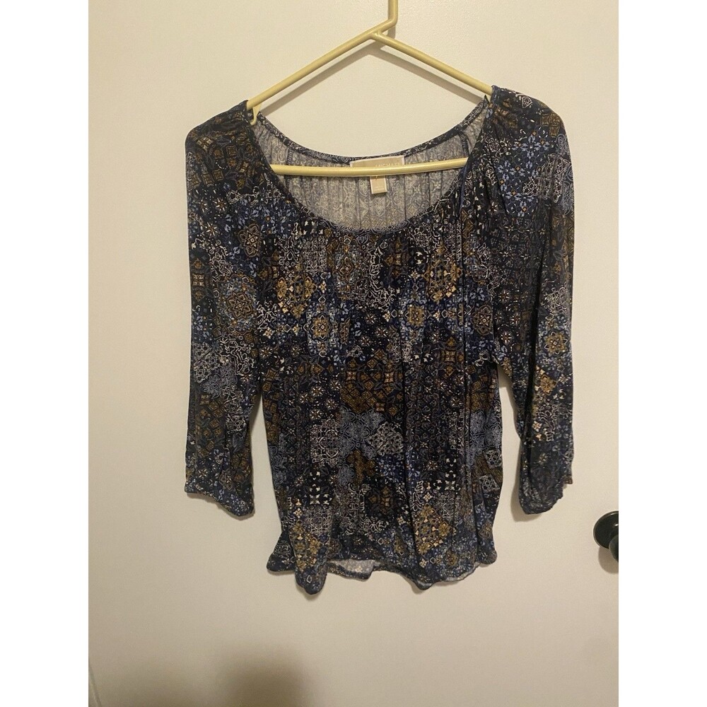 Michael Kors Womens Floral Blouse Blue Brown 3/4 Sleeve Regular Size L